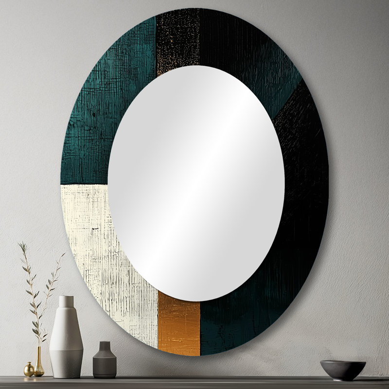 Abstract Geometric Echoes Of Emerald And Gold II - White Modern Oval Wall Mirror, 43" x 33"