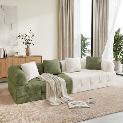 Canapé modulaire NOVA 110 po, canapé 4 places en chenille désossée avec sièges profonds de 26 po NOVA, accoudoirs courbés, coussins moelleux et motif à blocs de couleur - vert et beige