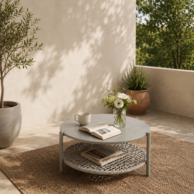 Table basse ronde ronde à deux niveaux pour l'extérieur, plateau en métal résistant aux intempéries résistant à la rouille, tablette inférieure de rangement en rotin PE tissé à la main, table basse cocktail pour le jardin, le balcon et le salon
