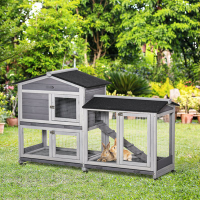 62" Grey Wooden Pet Playpen With Run Box, No-Leak Tray And Portable Property - Cage No Leak Mobility Feature