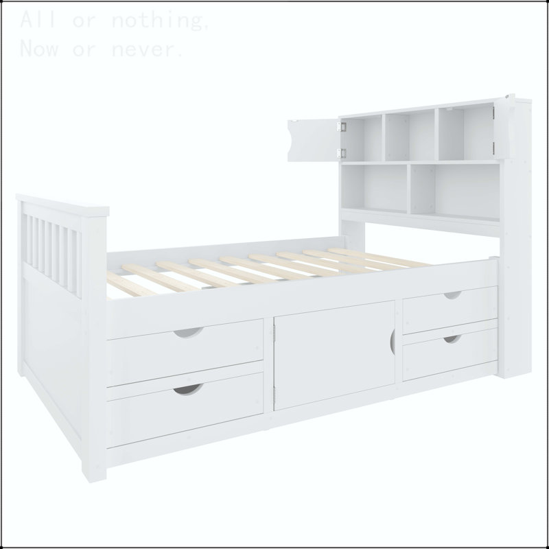 Lit plateforme simple avec tête de lit bibliothèque et 4 tiroirs, Lit simple, Blanc