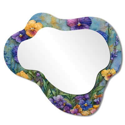 Wild Pansy Patch At The Farm I - Miroir décoratif asymétrique Pansies, miroir mural traditionnel irrégulier, imprimé sur métal