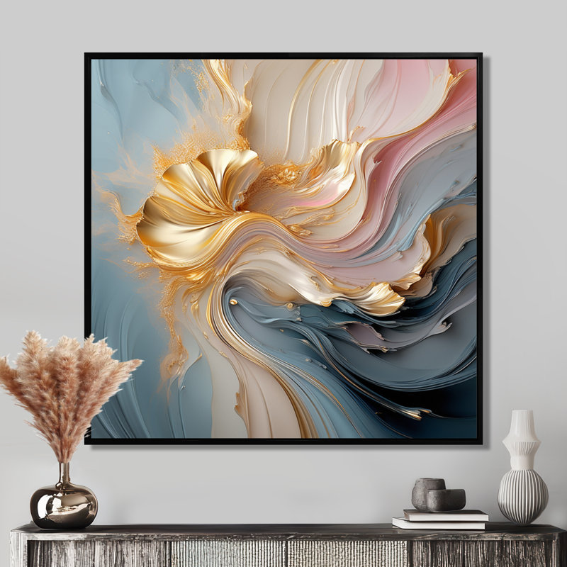 «Fluid Magnificence», art mural abstrait à l'encre liquide II, Toile avec cadre flottant noir, H 16 po x l 16 po x P 1 po