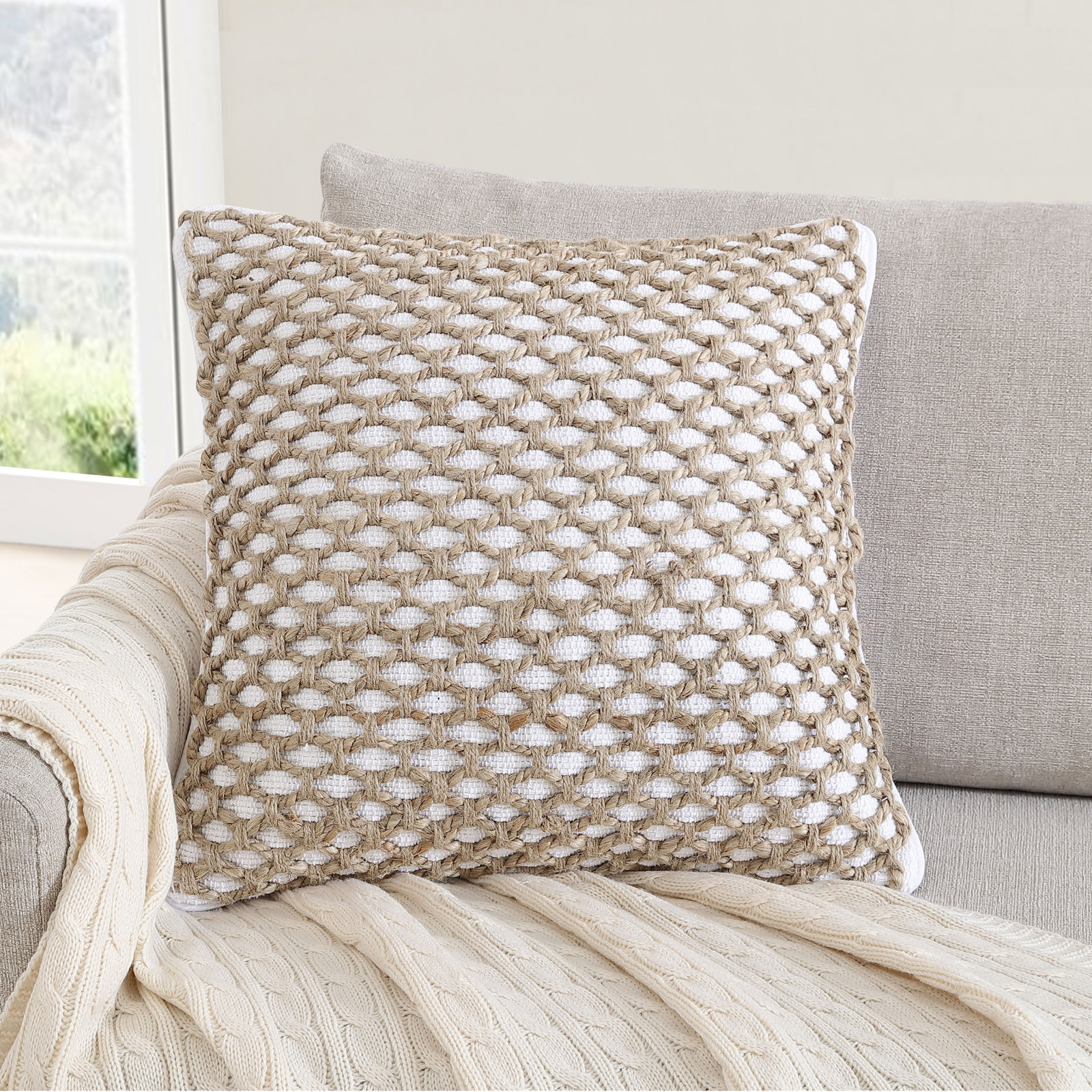 Ablo Textured Cotton Throw Pillow, White/Natural, Square 18"