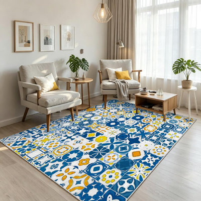 Blue Machine Washable,Mosaic of Tiles Like Moroccan Tile Indoor Area Rug