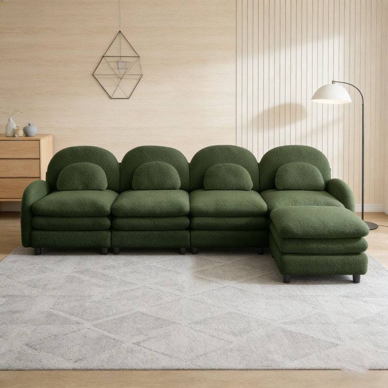 Teddy Fabric Cloud Sofa,Curved Backrest and Armrest with Curved Lumbar Pillows, Green+4Seat+1Ottoman