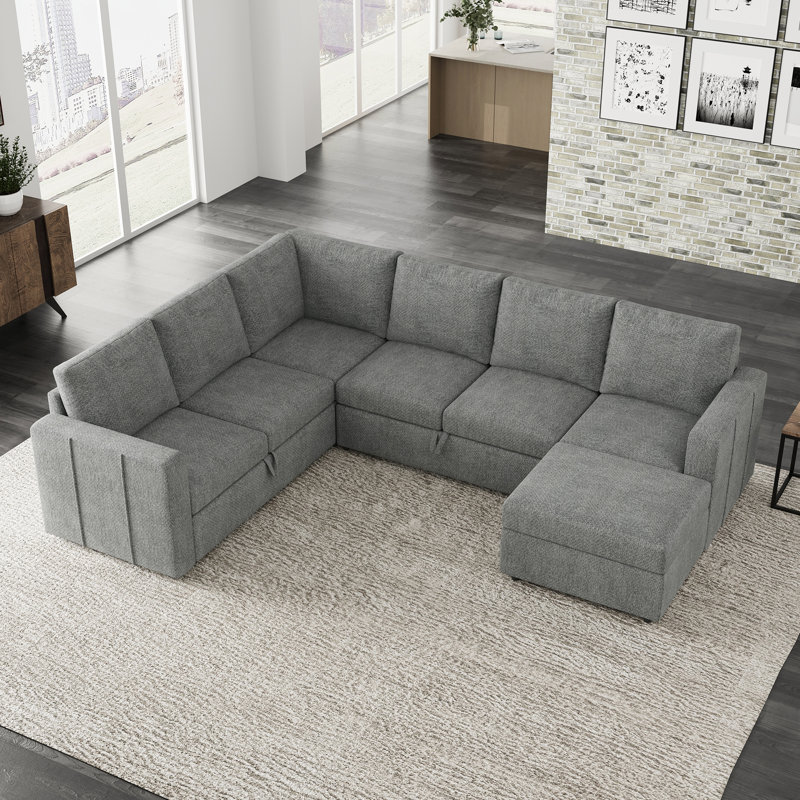 Ensemble de canapé modulaire en L avec grand espace de rangement, Chenille gris pâle