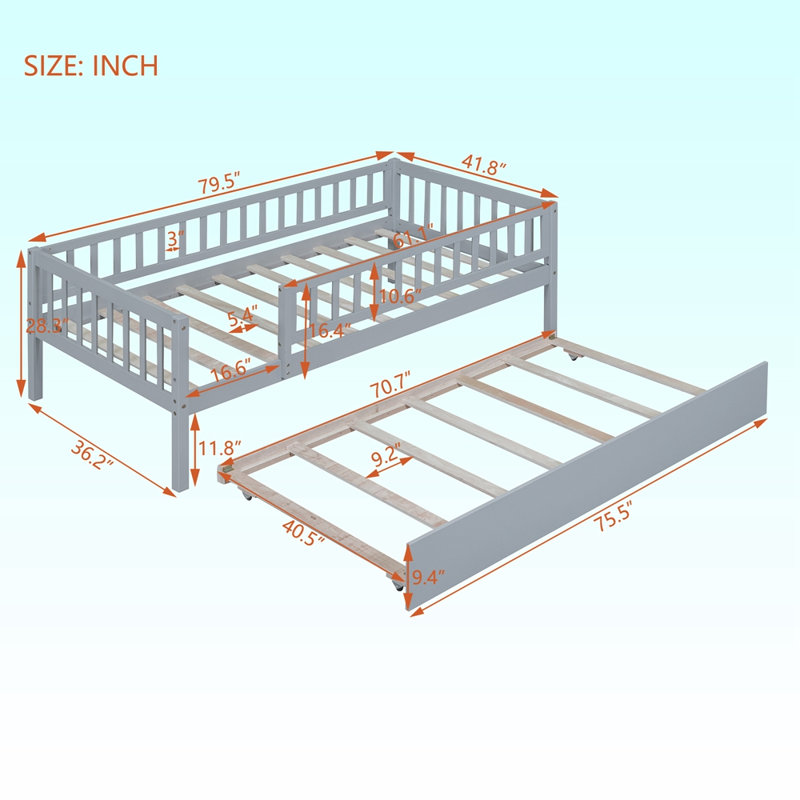 Solid Wood Daybed, Gray, Twin