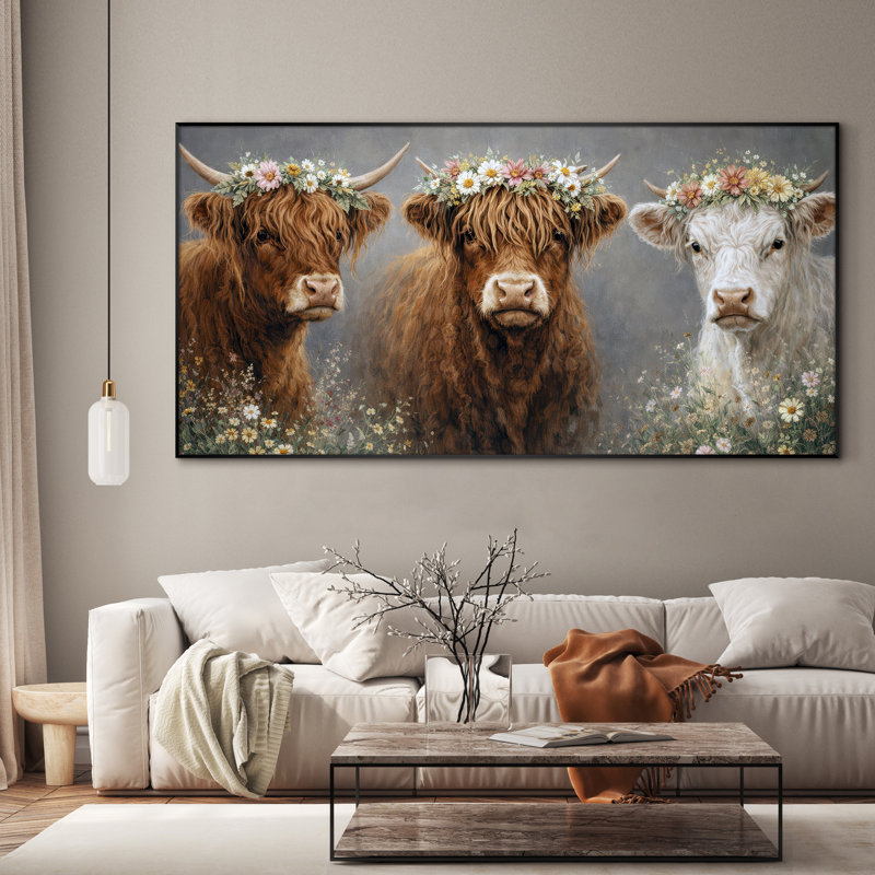 Très grand reproduction d'art sur toile - Portrait de vache brune décor de salle à manger de ferme - "Assemblage requis (cadre non fini)"