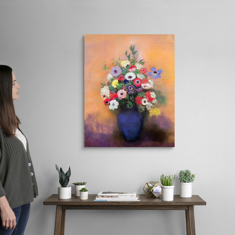 Anémones et lilas dans un vase bleu, d'après 1912 par Odilon Redon - reproduction d'art sur toile, Toile tendue