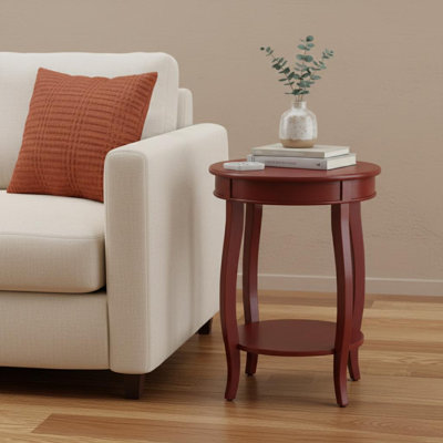 Table de bout ronde transitionnelle en bois rouge 24 po avec tablette