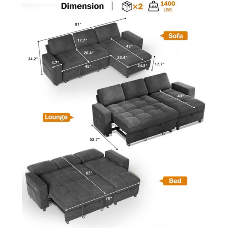 Canapé-lit futon convertible de 71 pouces, canapé moderne avec dossier et accoudoirs réglables, Gris chenille