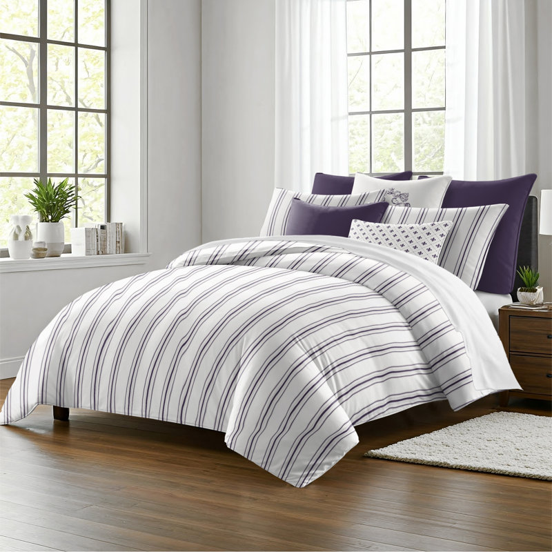 August Stripe Reversible Cotton Duvet Cover Set, Eggplant, Cal.King Duvet Cover + 2 King Shams