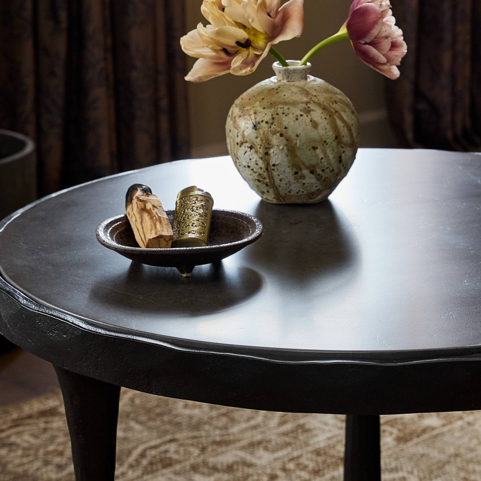 Billings 22" Genuine Marble End Table, Gray Italian Marble Top/Hammered Gunmetal Base