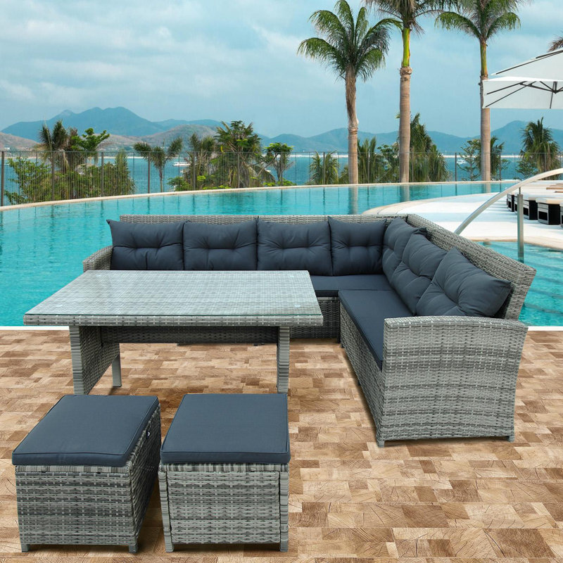 Chaise longue en rotin avec coussins 6 pièces Laia, gris, gris