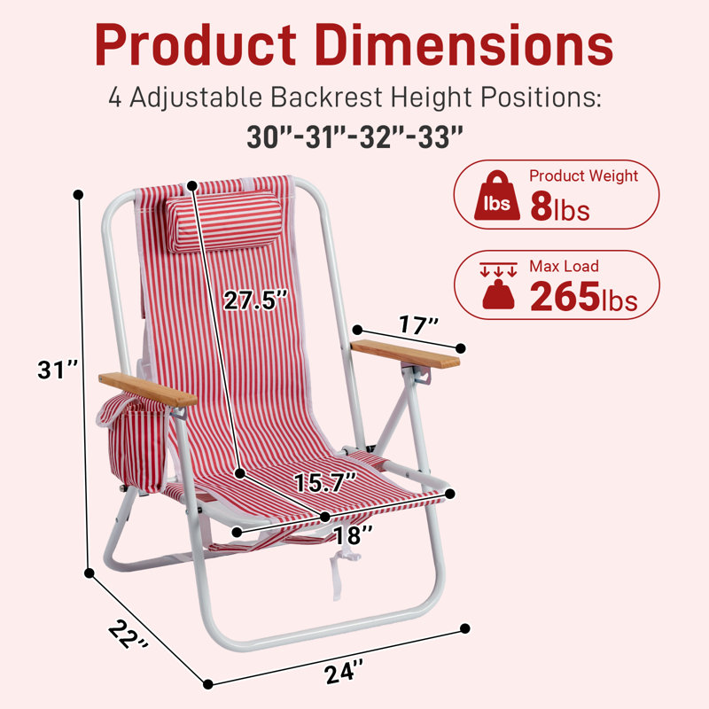 Chaise de plage pliante avec accoudoirs en bois, Red