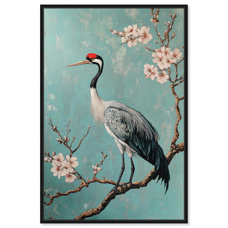 «Crane in Blossom», toile élégante par Art Remedy, 16" H x 11" W, Structure noire