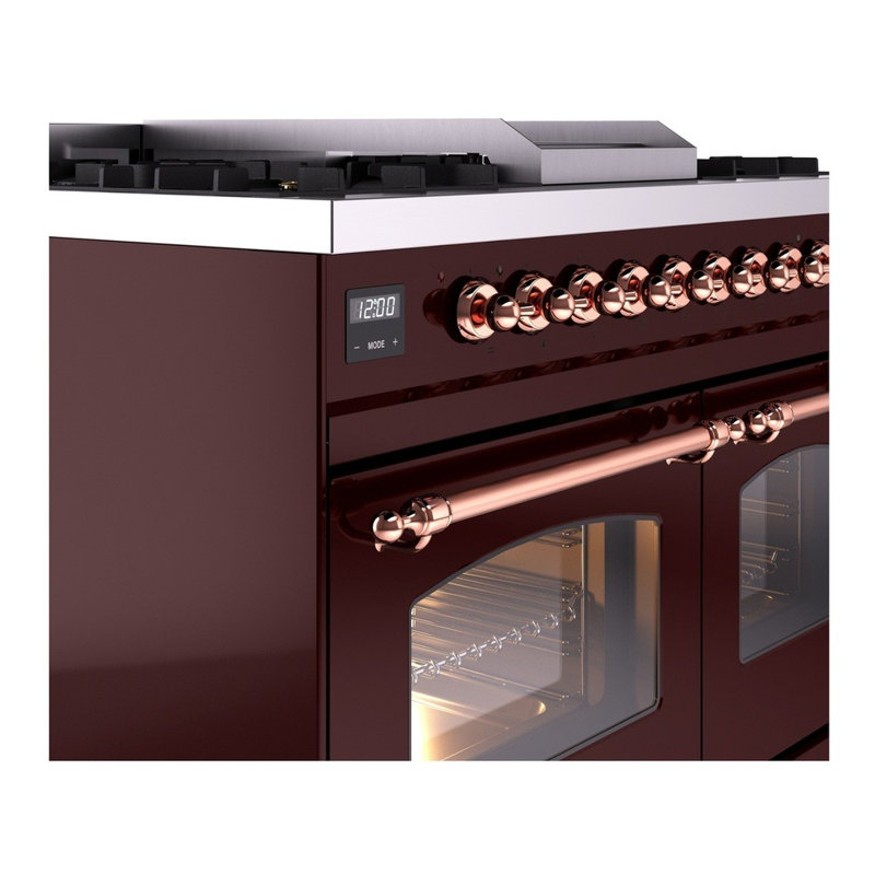 ILVE Nostalgie II Series 40 inch Dual Fuel Range with 6 Sealed Burners, Griddle (Glass Door), Liquid Propane, Burgundy/Copper