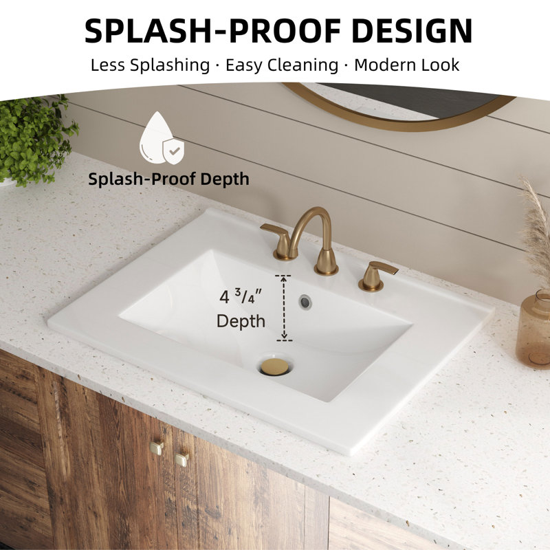 Los Flexi White Drop In Bathroom Sink Ceramic Rectangular with Faucet Hole & Overflow, 24.02" L x 18.31" W x 6.89" H