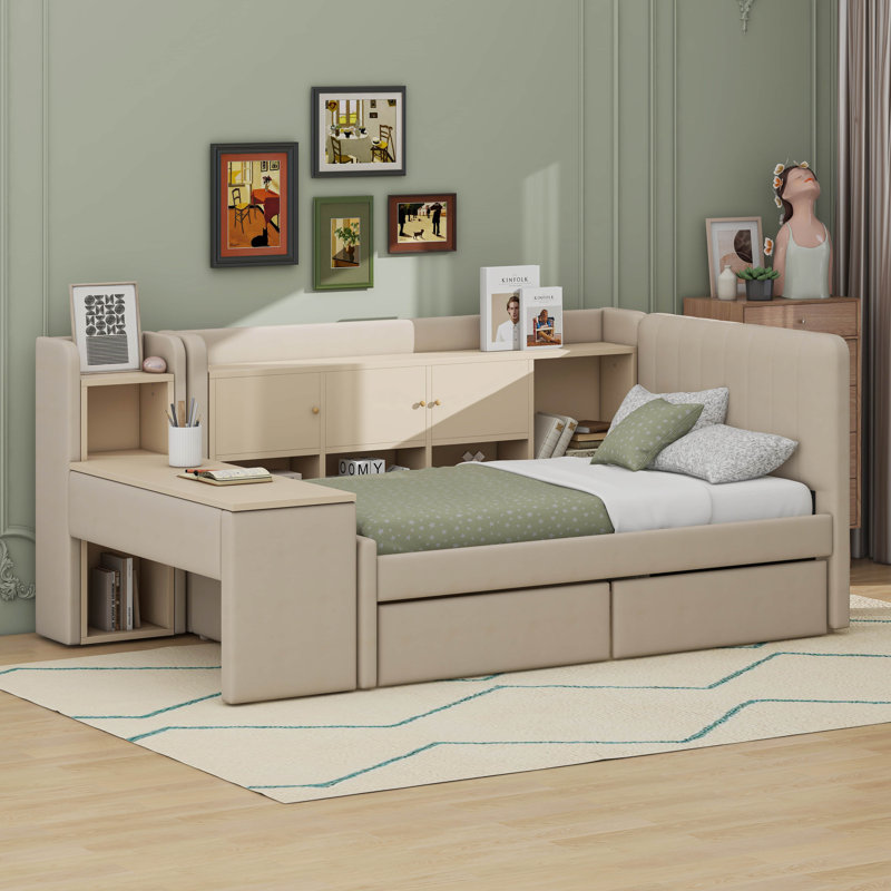 Lit de jour simple tapissier avec tiroirs, tablettes, armoires rabattables et table d'appoint, Beige