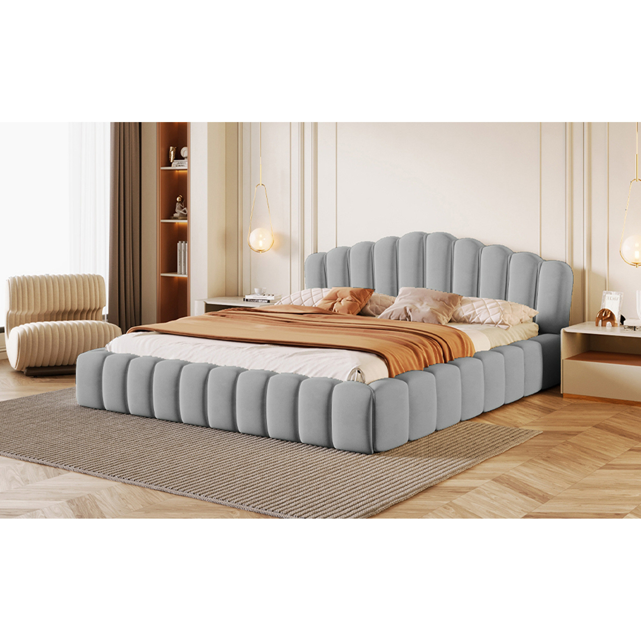 Mercer41 Velvet Upholstered Bed Frame Floor Bed Shell-Shaped Headboard ...