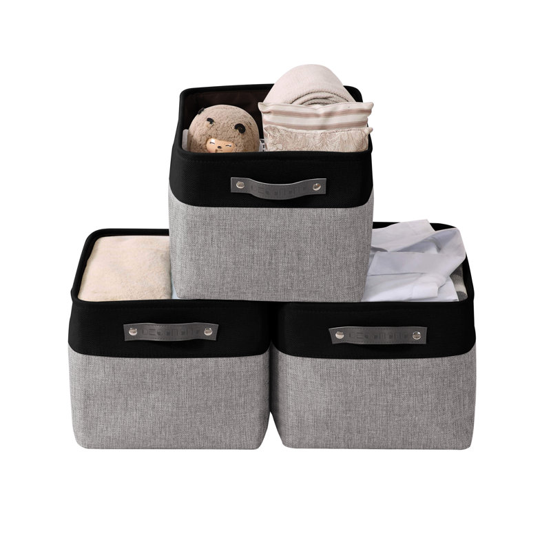 Foldable Fabric Storage Bin, Grey/Black, 3
