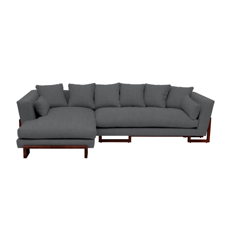 LRG Chaise Sectional, Petrol Linen Blend, No Trays, Solid Walnut