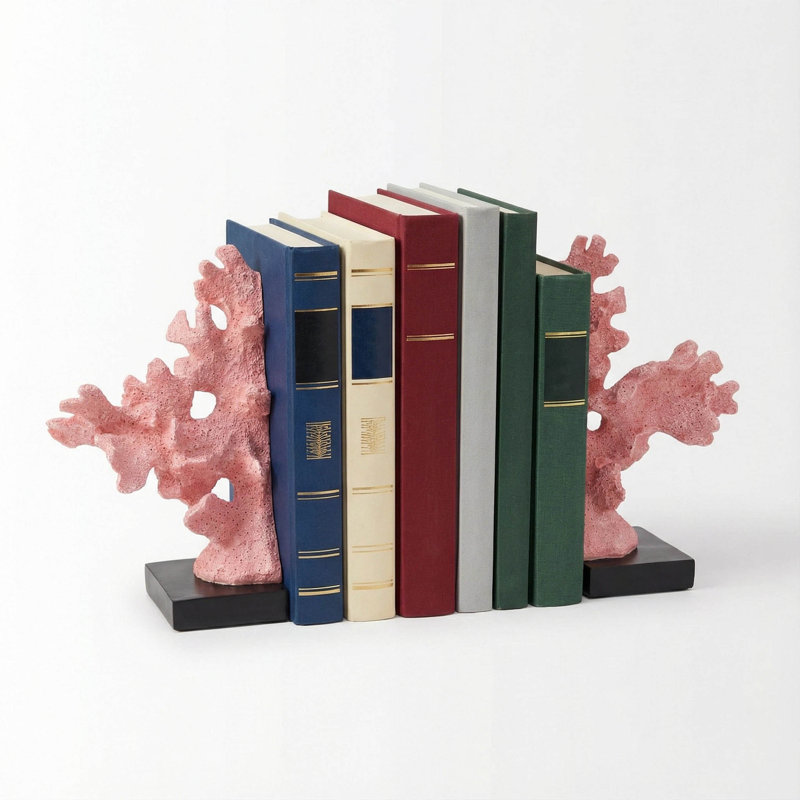 Ensemble de 2 serre-livres en résine texturée rouge corail avec base corail noire et décor bord de mer et serre-livres décoratifs et décoration intérieure