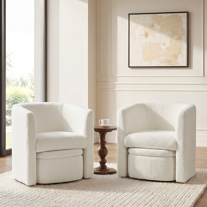 Kyah Upholstered Barrel Chair with Ottoman, Cream Boucle