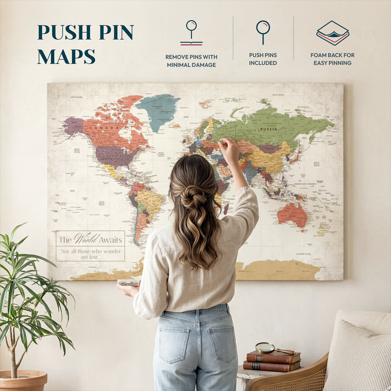 Carte du monde sur punaise, H 36 po x l 24 po x P 1,25 po