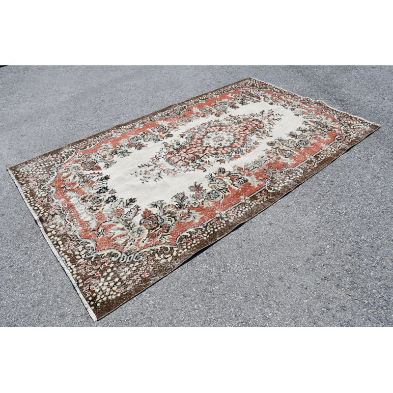 Tapis turc rétro Oushak à motif floral en laine pour le salon et les grands espaces brun / beige