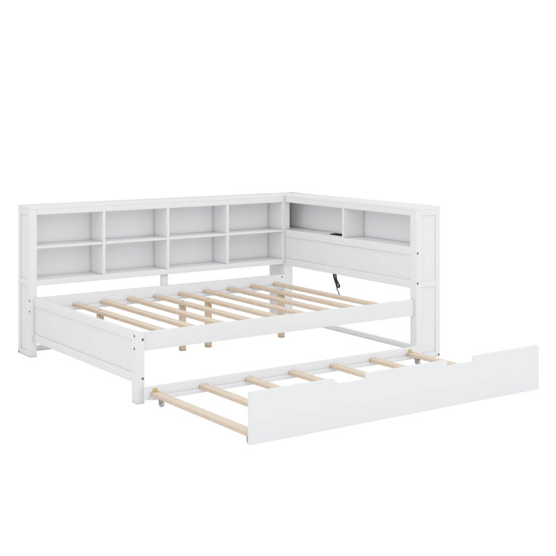 Lit de jour en bois avec lit gigogne et tablette de rangement, Complet/Double, Blanc