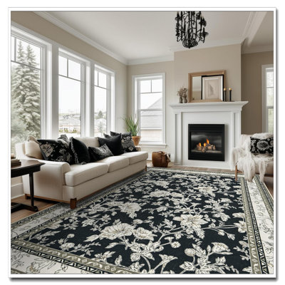 Tapis floral noir 8 x 10 boho crème beige taupe croquis de tapis antidérapant lavable pour le salon chambre à coucher