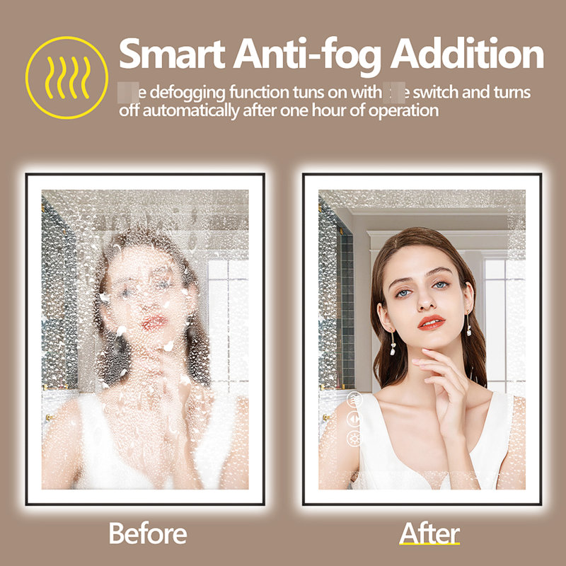Miroir de salle de bain Led Smart 72 x 40 pouces: à intensité variable de 10% à 100%, 3 choix de température de couleur, fonction de brouillard avec arrêt automatique, contrôle de l'interrupteur mural, Ul, verre trempé incassable de 5 mm