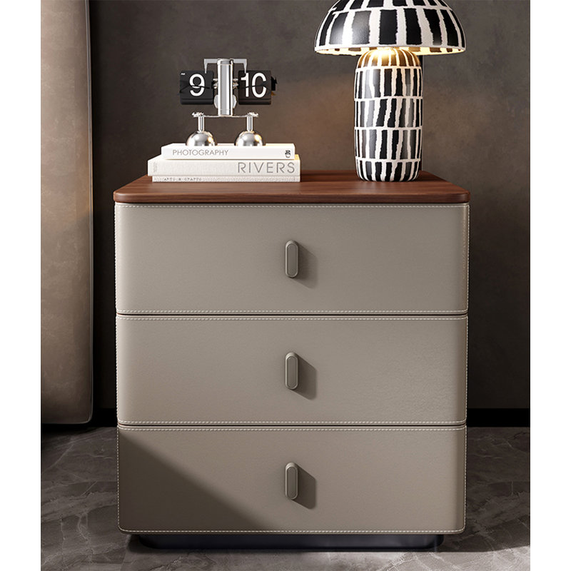 Table de chevet minimaliste moderne, plateau en noyer et revêtement en cuir 3 tiroirs, pour chambre