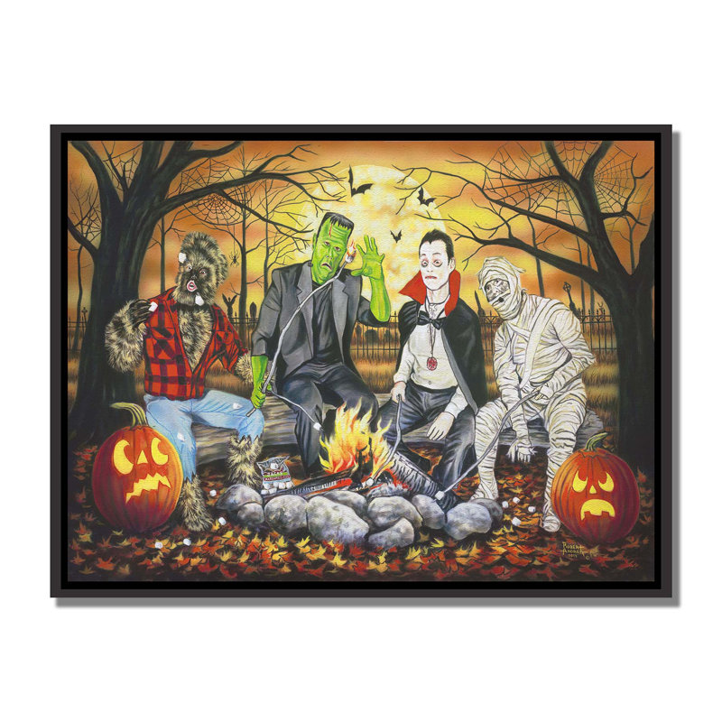 «Monster Marshmallow Roast» par Robert Andrea, H 12,5 po x l 16,5 po, Toile noire avec cadre flottant