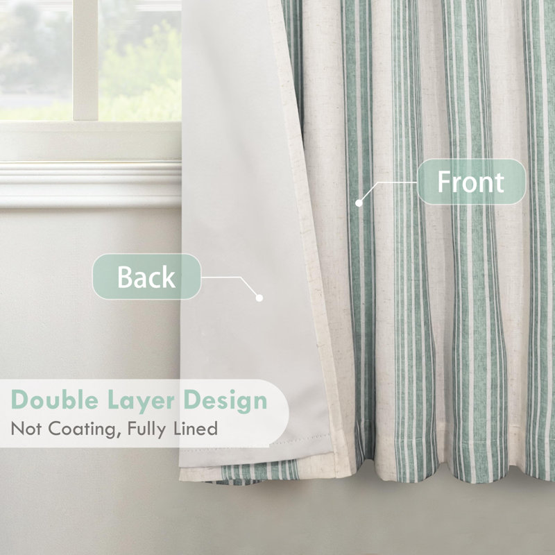 Chris Vertical Striped Linen Blend Lined Thermal Insulated Blackout Rod Pocket Back Tab Curtains, 52" W x 63" L, Jade Green