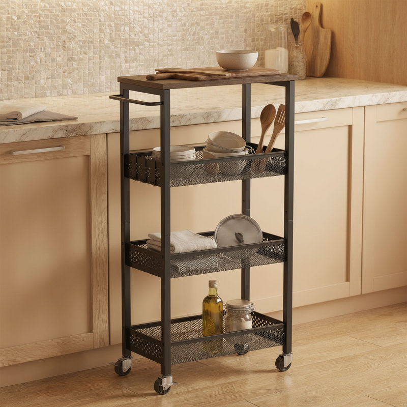 Chariot de rangement mince à 4 niveaux avec plateau en bois, organisateur de cuisine étroit sur roulettes, support à panier pour petits espaces