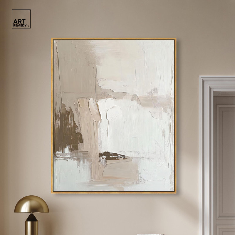Toile pâle texturée «Silence I Neutral Boho» par Art Remedy, Cadre flottant doré, H 46 po x l 37 po
