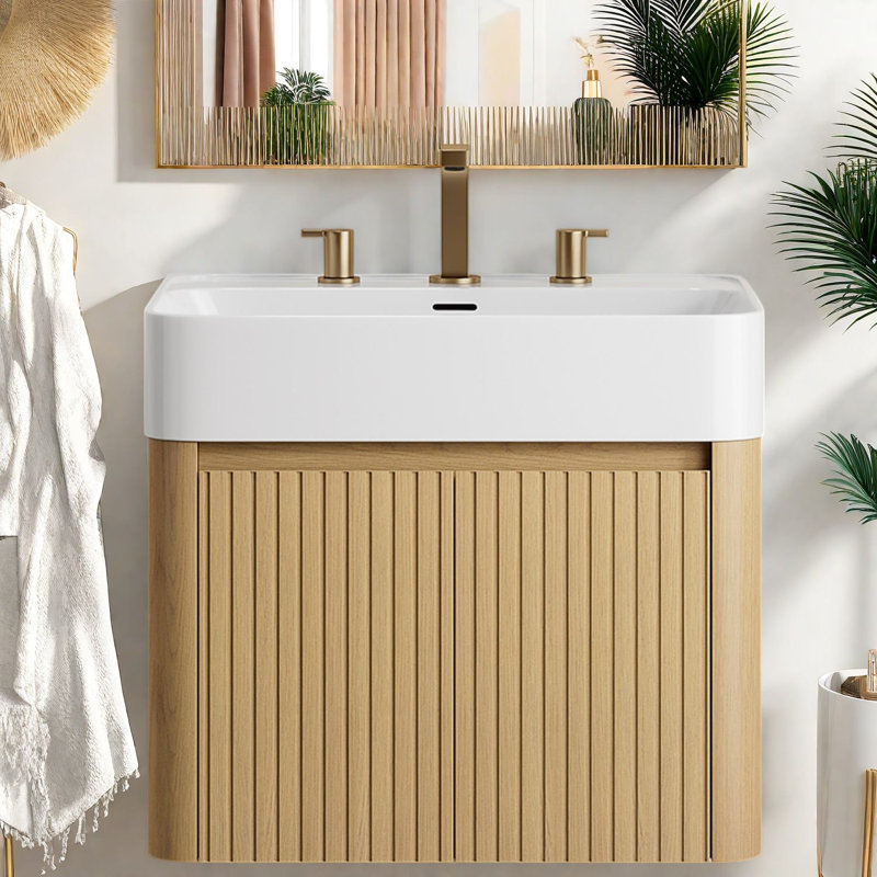 Meuble-lavabo flottant 36 po, lavabo grain de chêne moderne, 23.62