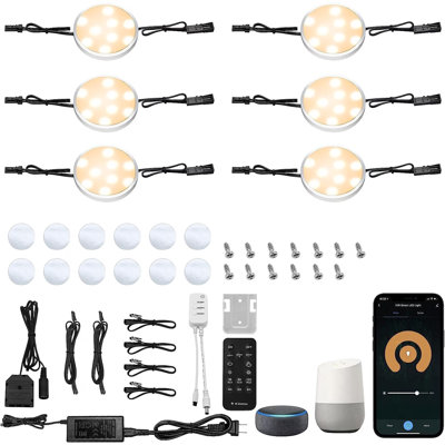 Smart Linkable LED Puck Lights 6 Pack – Dimmable Under Cabinet Lighting with Alexa and APP Control, Plug in Low Profile for Kitchen Counter Closet Display Case（Warm White)