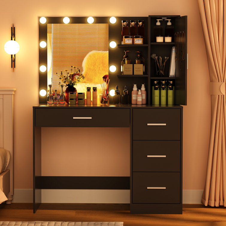 Latitude Run® Makeup Vanity With Lighted Mirror, Vanity Desk With 4 Drawers  And Open Shelves For Bedroom, Black & Reviews