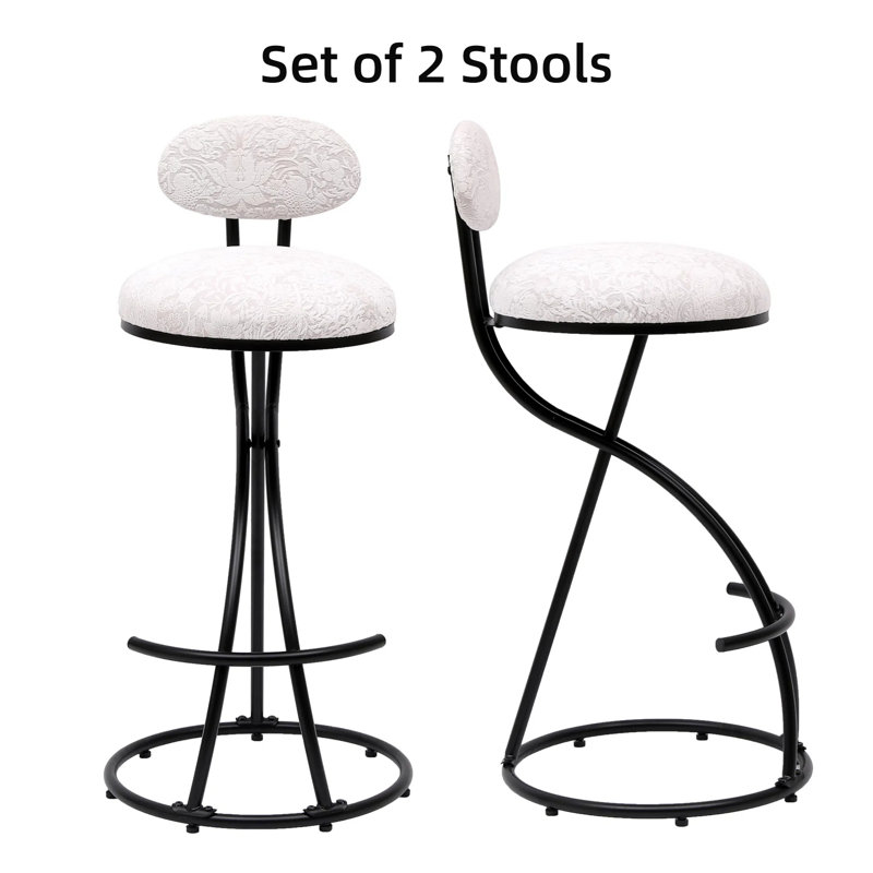 2Pcs Bar Stools Set with Backrest, S-shaped Barstools,Floral Print Upholstered Dining Chairs, Black
