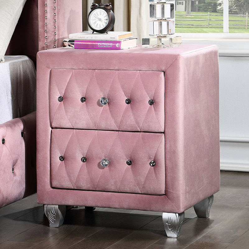 Mobilier de chambre rose Alise: table de chevet 2 avec texture veloutée et boutons en cristal