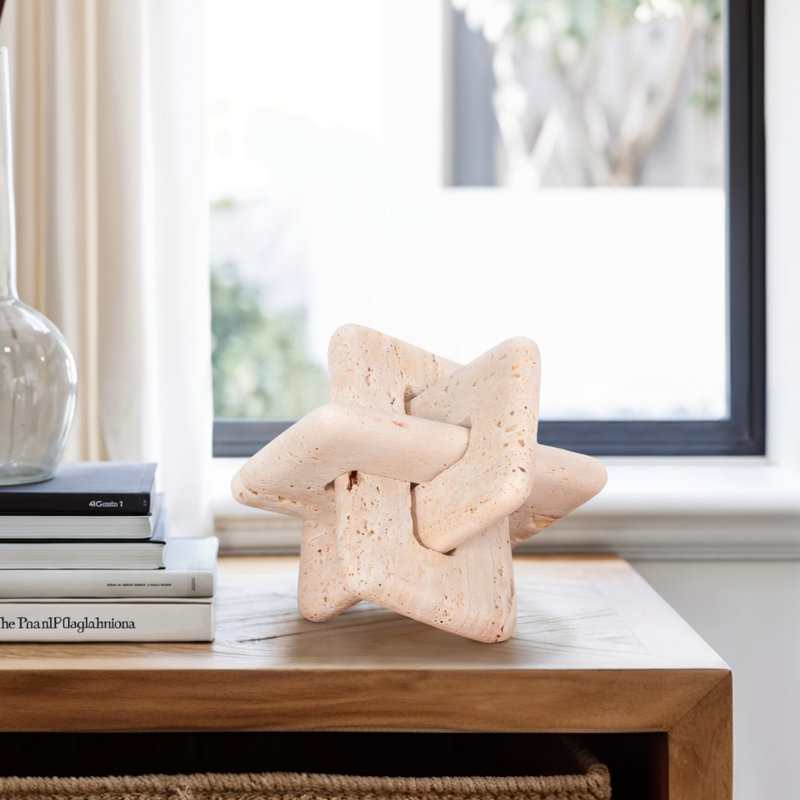 7" Tan Travertine Stone Interlocking Decorative Object Modern Glam Accent for Home, Office, Bedroom, or Living Room