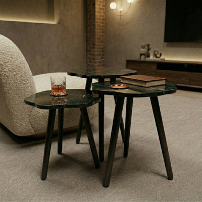 Set of 3 Flower-Shaped Nesting Side Tables with MDF Top and Solid Hornbeam Wood Legs