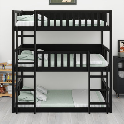 Triple Wood Bunk Bed, With Ladders, Guardrails Detachable Bunk Bed