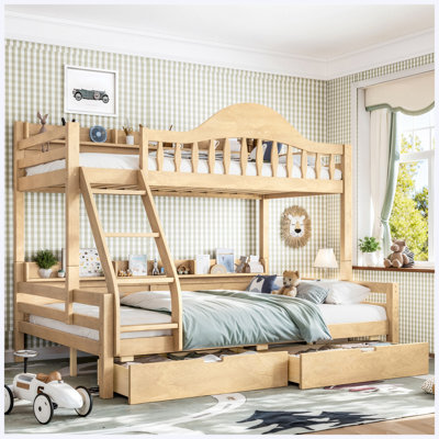 Twin Over Full Solid Wood Bunk Bed with Storage Drawers, Curved Guardrail, Storage Shelves and Ladder, Natural Wood Bunk Bed Frame for Kids Teens
