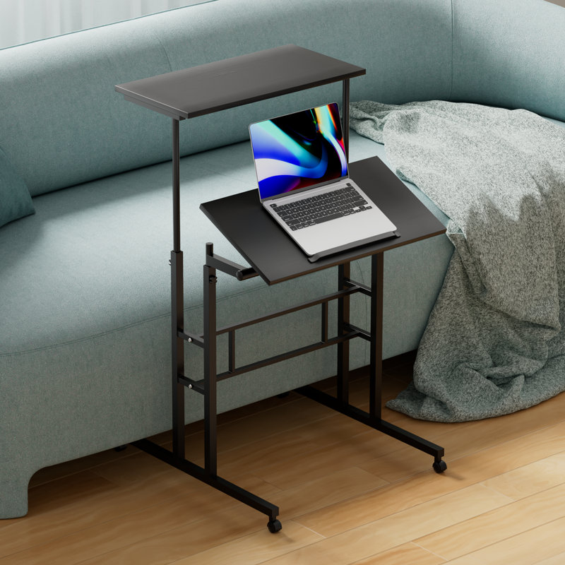 Adjustable Rolling Computer Desk Mobile Tiltable Laptop Tray with Shelf, Black
