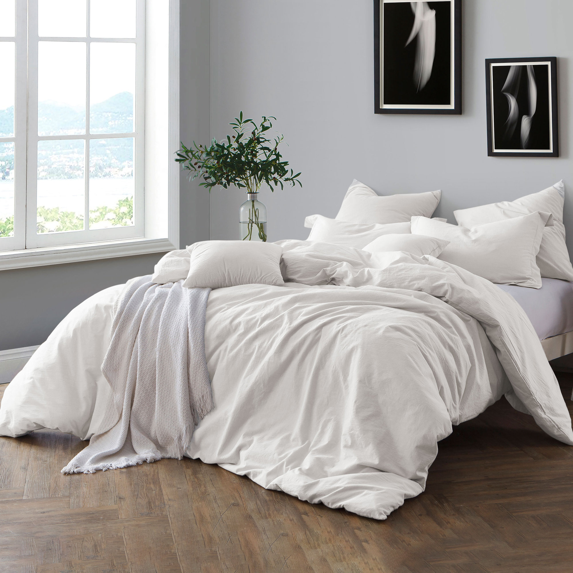 100% Cotton Crinkle Washed Duvet Cover Set, Ivory, Twin/Twin XL Duvet Cover + 1 Sham